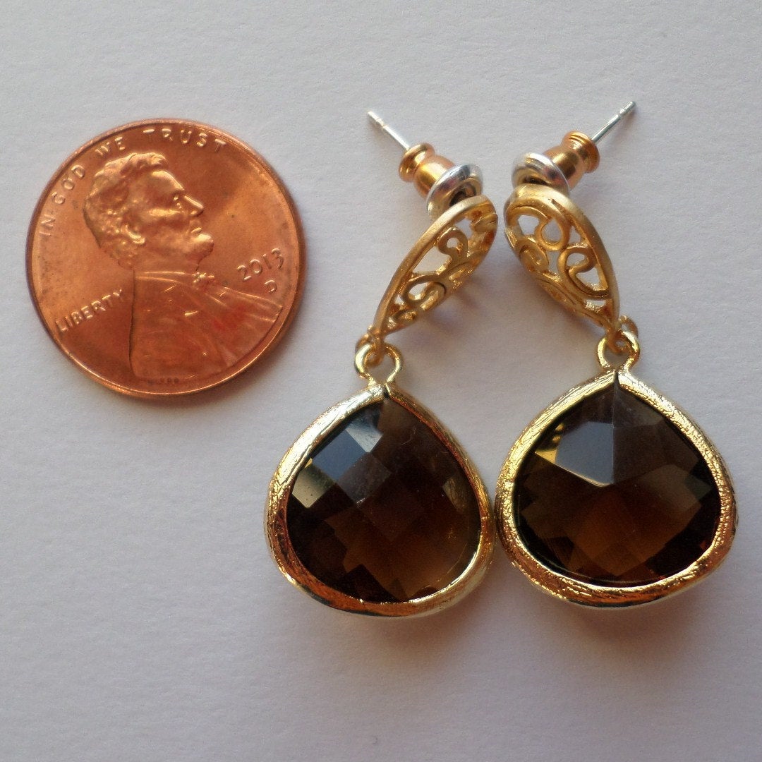 Only One Available - Smokey Framed Glass Drop Earrings - Brown and Gold Earrings - Post Earrings - Graduation Present - Christmas Gift