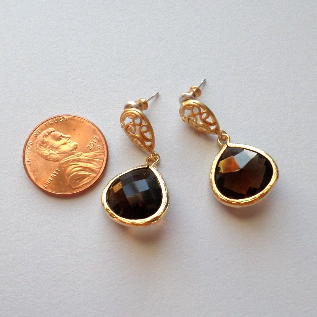 Only One Available - Smokey Framed Glass Drop Earrings - Brown and Gold Earrings - Post Earrings - Graduation Present - Christmas Gift