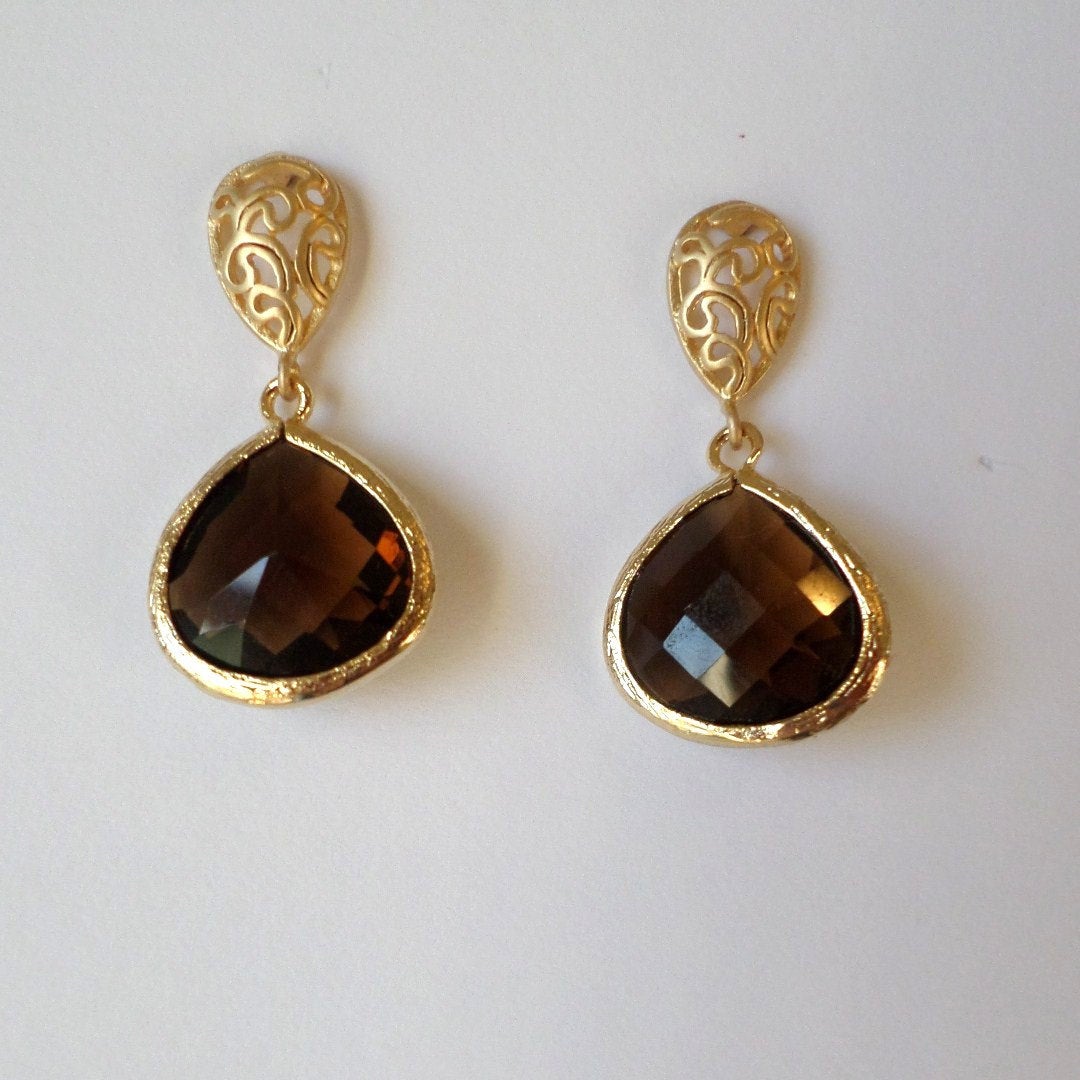 Only One Available - Smokey Framed Glass Drop Earrings - Brown and Gold Earrings - Post Earrings - Graduation Present - Christmas Gift