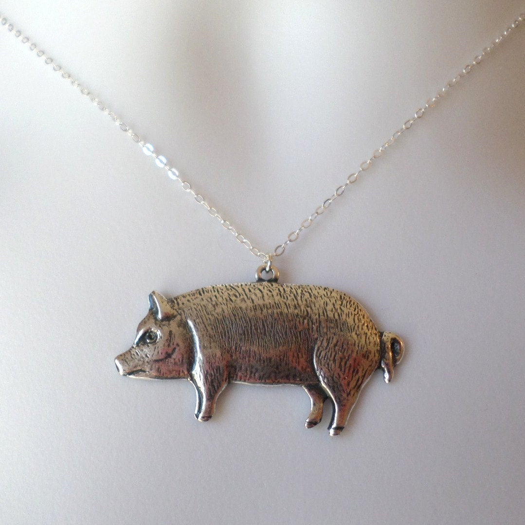 Silver Pig Necklace - Pig Pendant Necklace - Silver Plated and Sterling Silver Necklace - Animal Jewelry - Valentines Day