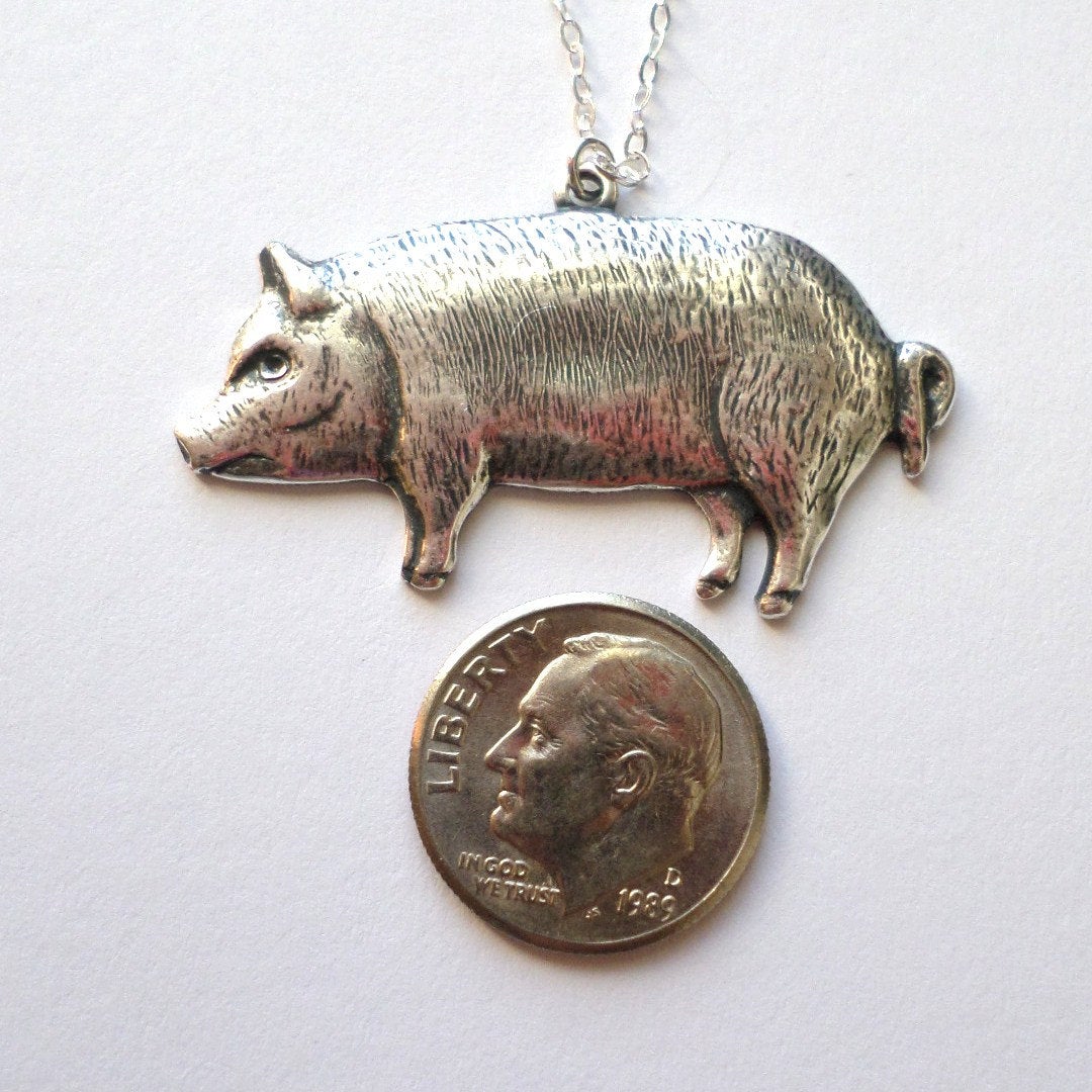 Silver Pig Necklace - Pig Pendant Necklace - Silver Plated and Sterling Silver Necklace - Animal Jewelry - Valentines Day