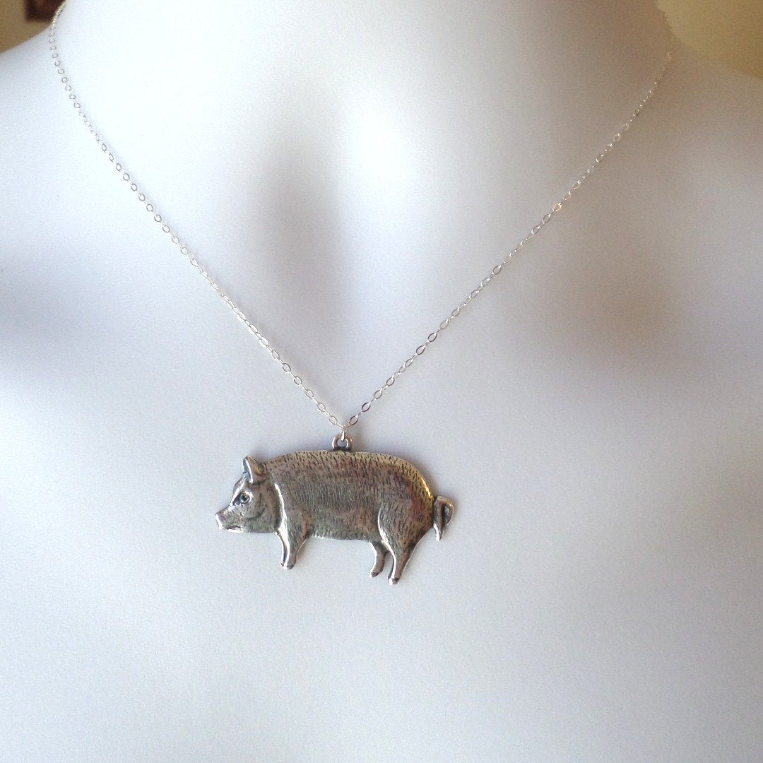 Silver Pig Necklace - Pig Pendant Necklace - Silver Plated and Sterling Silver Necklace - Animal Jewelry - Valentines Day