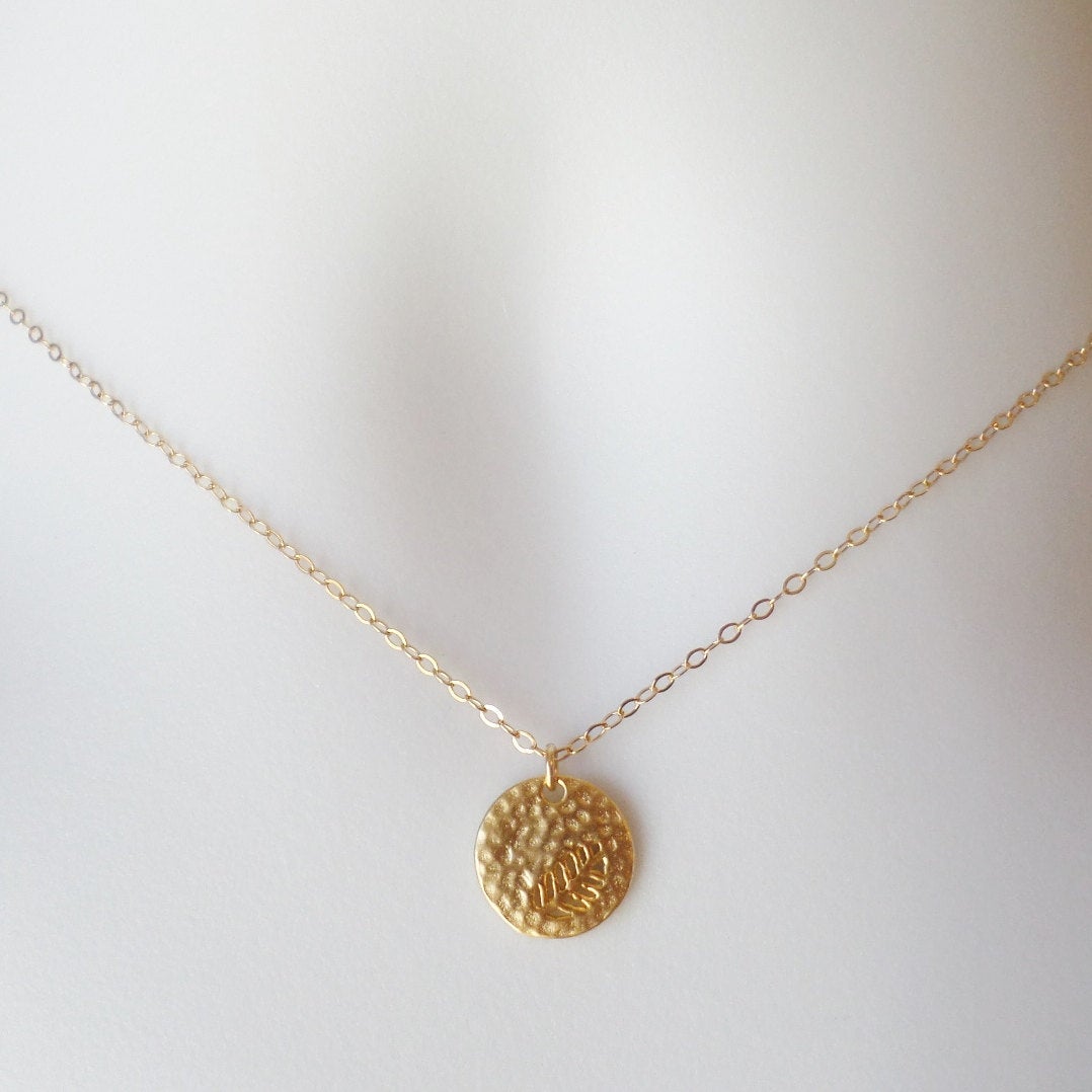 Gold Disc Necklace, fern leaf cutout disc charm necklace, Tiny Gold Filled Hammered Disc with Fern Leaf Cutout Necklace, Valentines Day