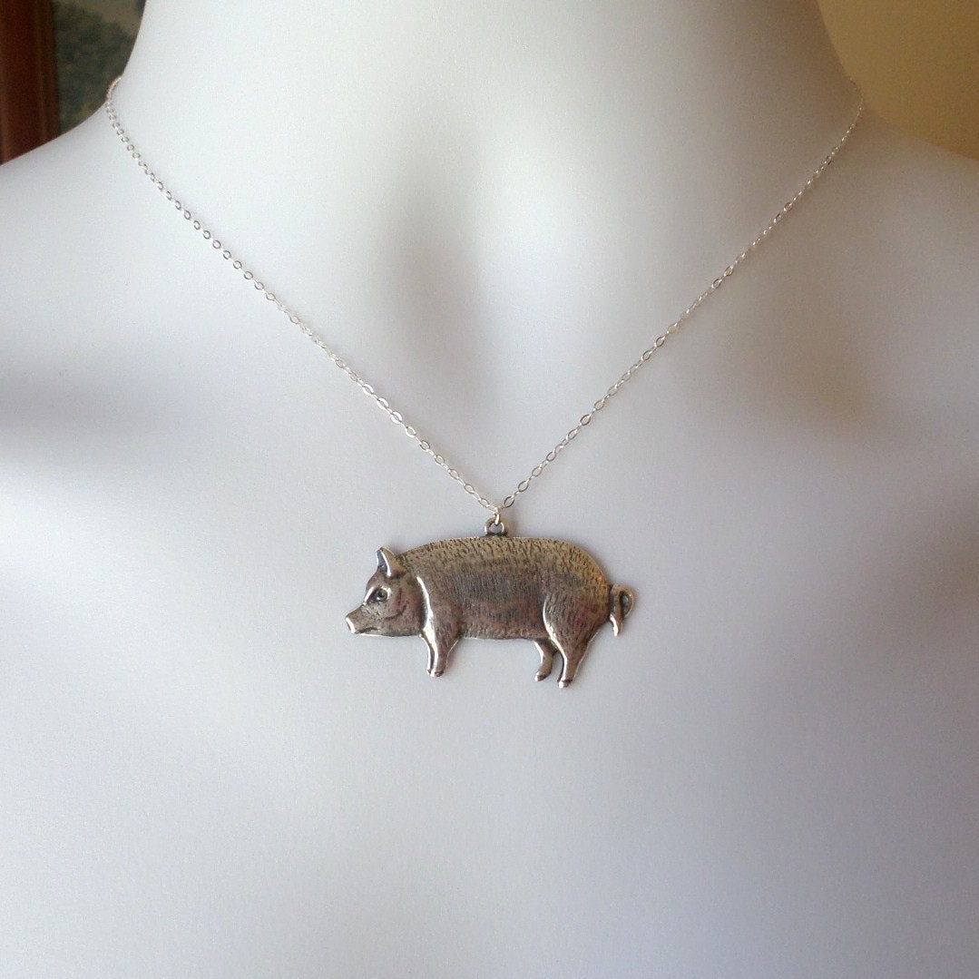 Silver Pig Necklace - Pig Pendant Necklace - Silver Plated and Sterling Silver Necklace - Animal Jewelry - Valentines Day