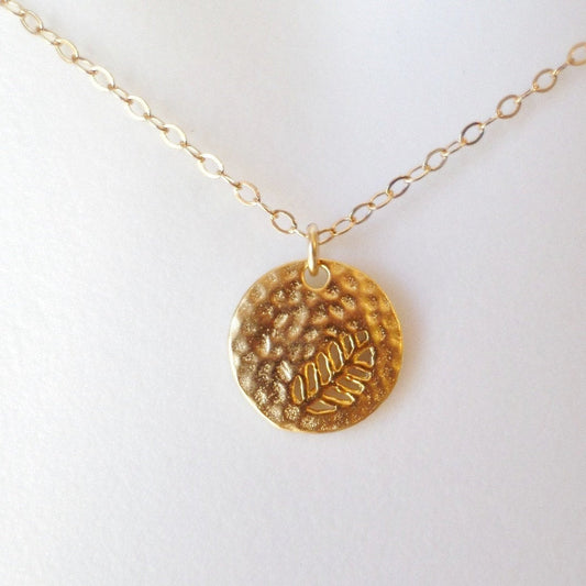 Gold Disc Necklace, fern leaf cutout disc charm necklace, Tiny Gold Filled Hammered Disc with Fern Leaf Cutout Necklace, Valentines Day