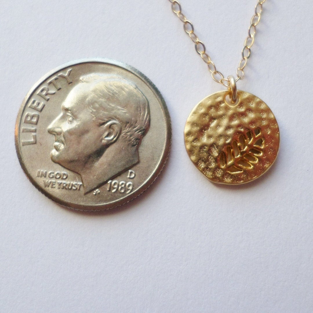 Gold Disc Necklace, fern leaf cutout disc charm necklace, Tiny Gold Filled Hammered Disc with Fern Leaf Cutout Necklace, Valentines Day