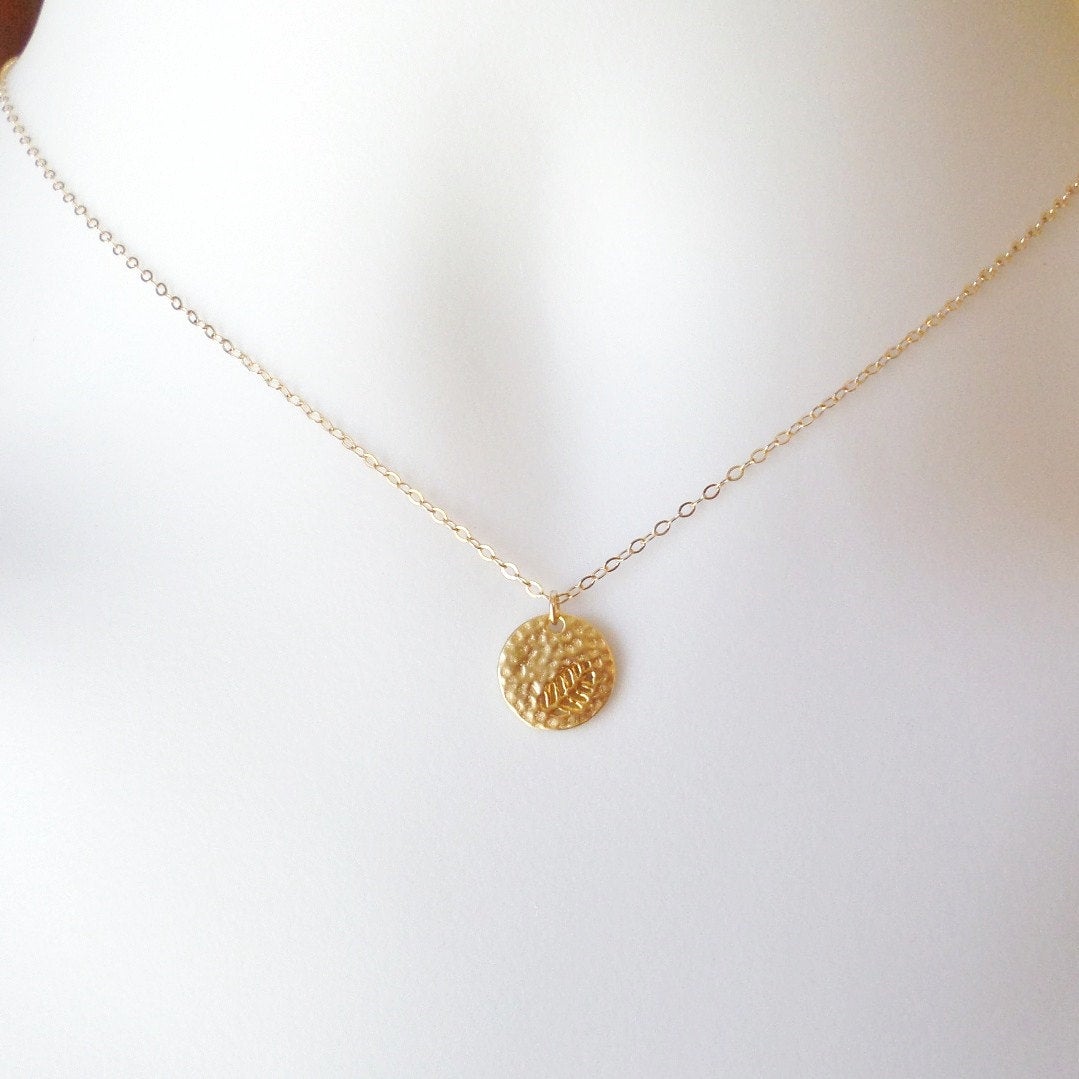 Gold Disc Necklace, fern leaf cutout disc charm necklace, Tiny Gold Filled Hammered Disc with Fern Leaf Cutout Necklace, Valentines Day