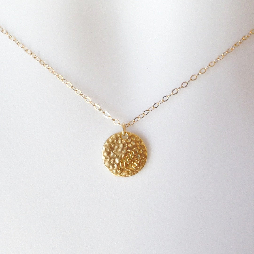 Gold Disc Necklace, fern leaf cutout disc charm necklace, Tiny Gold Filled Hammered Disc with Fern Leaf Cutout Necklace, Valentines Day