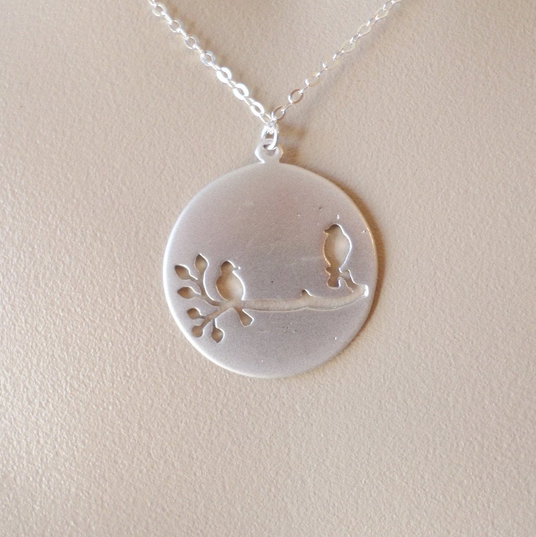 Silver Disc Necklace, Birds on Branch Disc Charm Necklace, Rhodium Plated and Sterling Silver necklace - Valentines Day Gift