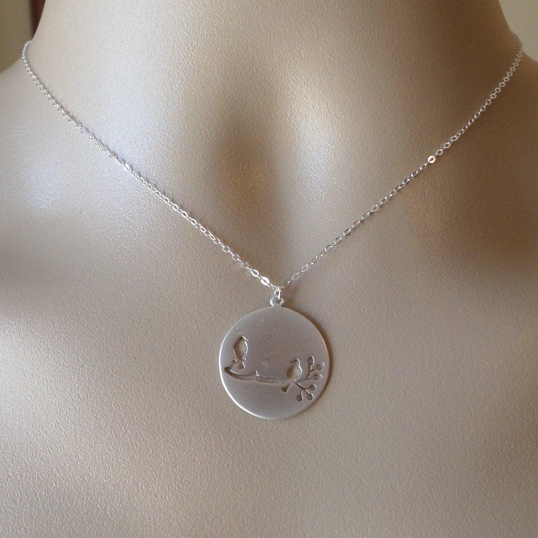 Silver Disc Necklace, Birds on Branch Disc Charm Necklace, Rhodium Plated and Sterling Silver necklace - Valentines Day Gift