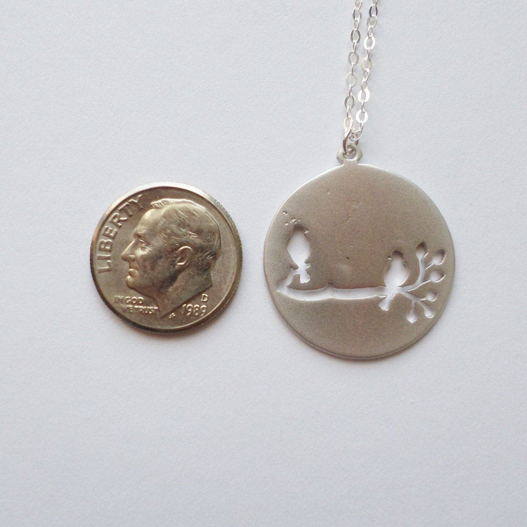 Silver Disc Necklace, Birds on Branch Disc Charm Necklace, Rhodium Plated and Sterling Silver necklace - Valentines Day Gift