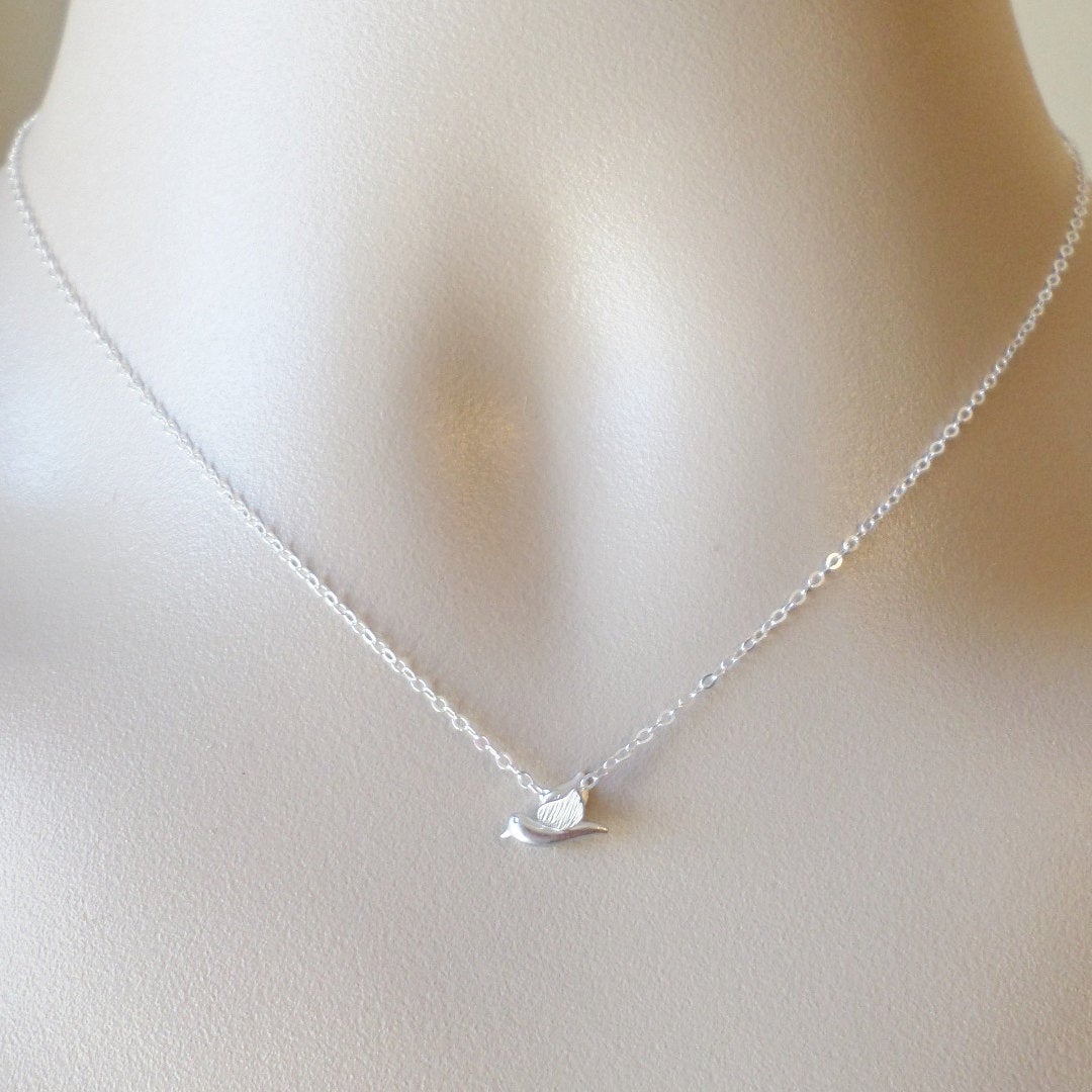 Silver Bird Necklace, Tiny Silver 3d Bird Necklace, Sterling Silver and rhodium plated Necklace, bridesmaid gift, grey,white, Valentines Day