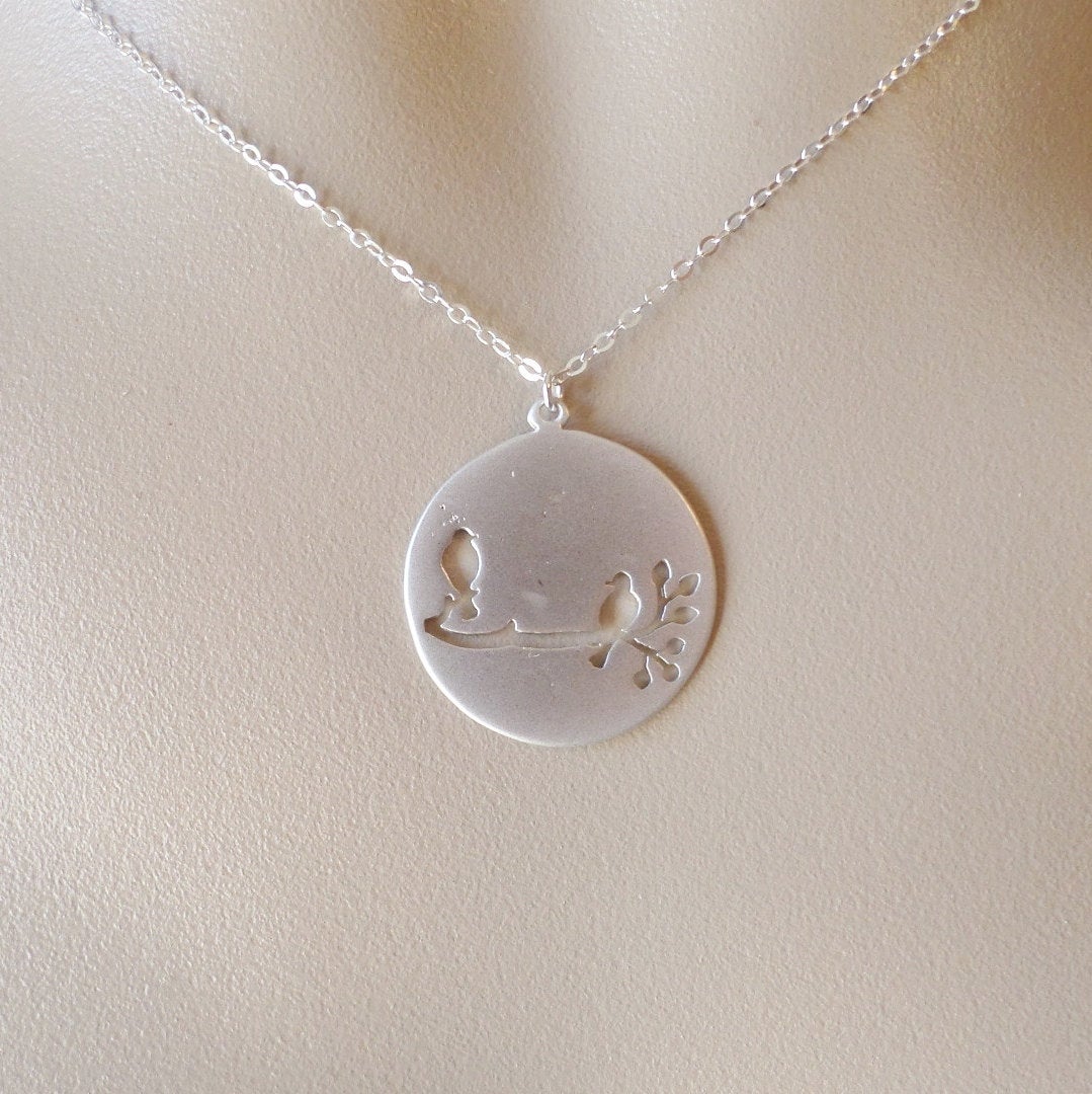 Silver Disc Necklace, Birds on Branch Disc Charm Necklace, Rhodium Plated and Sterling Silver necklace - Valentines Day Gift