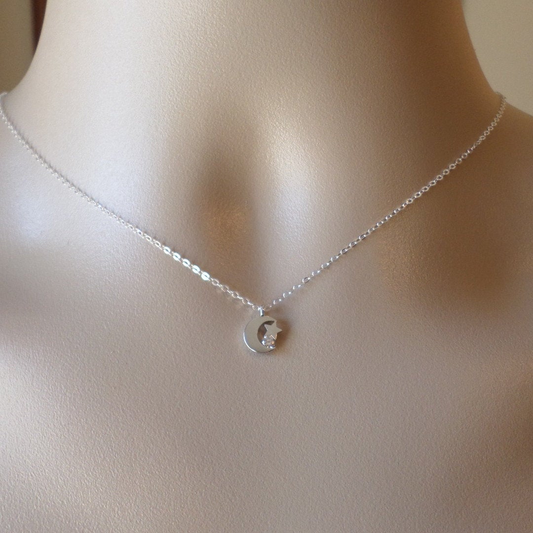 Silver Moon and Star Necklace, Crescent moon with star and cubic necklace, Rhodium plated and Sterling Silver necklace - Valentines Day Gift