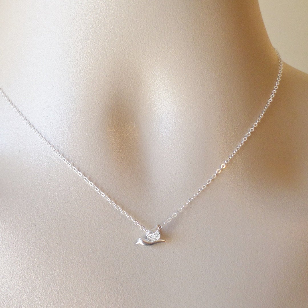 Silver Bird Necklace, Tiny Silver 3d Bird Necklace, Sterling Silver and rhodium plated Necklace, bridesmaid gift, grey,white, Valentines Day