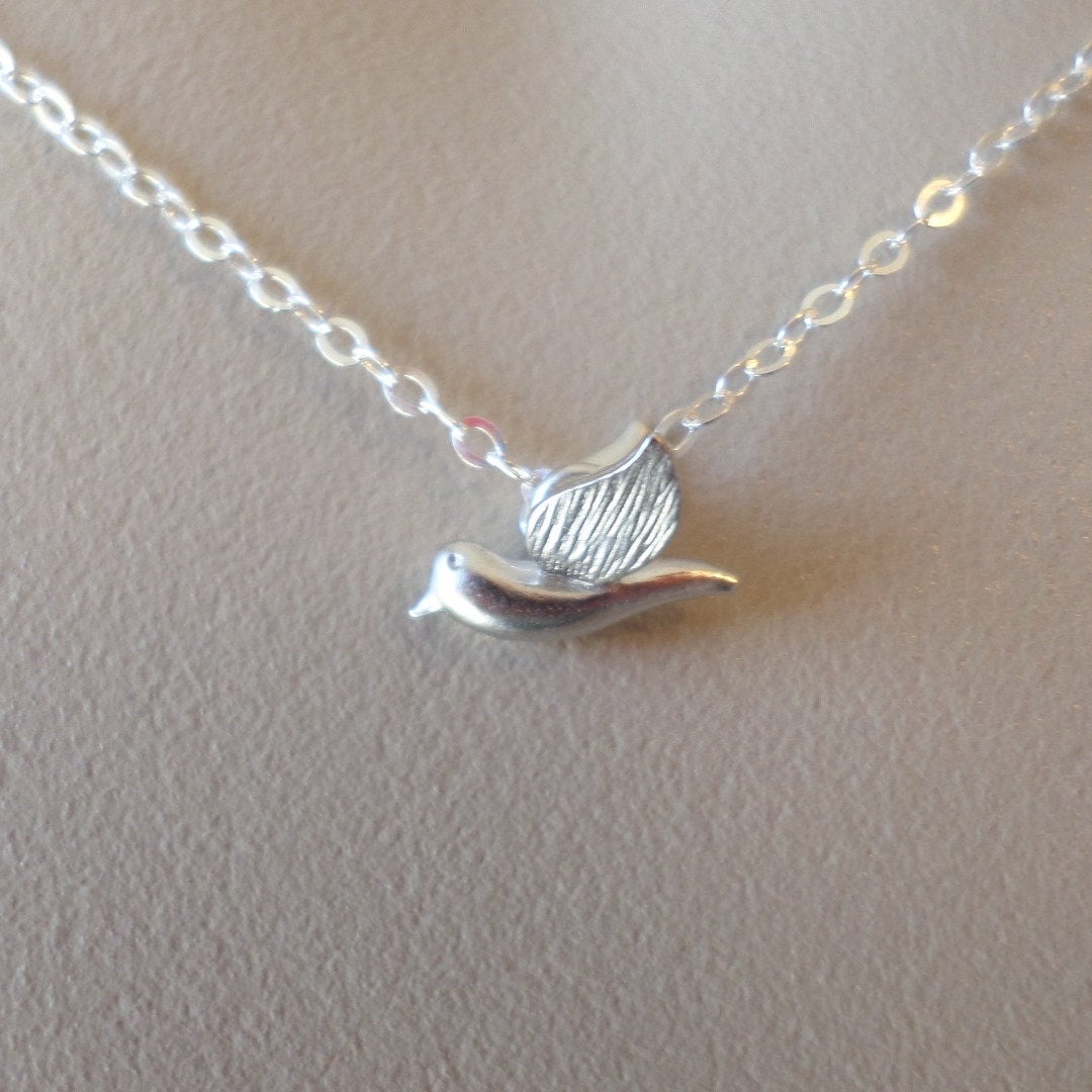 Silver Bird Necklace, Tiny Silver 3d Bird Necklace, Sterling Silver and rhodium plated Necklace, bridesmaid gift, grey,white, Valentines Day