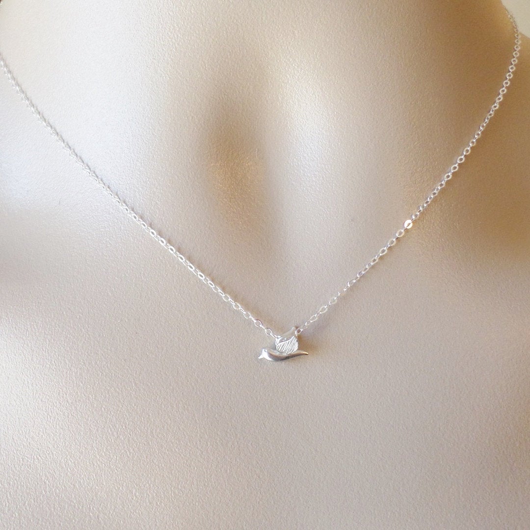 Silver Bird Necklace, Tiny Silver 3d Bird Necklace, Sterling Silver and rhodium plated Necklace, bridesmaid gift, grey,white, Valentines Day