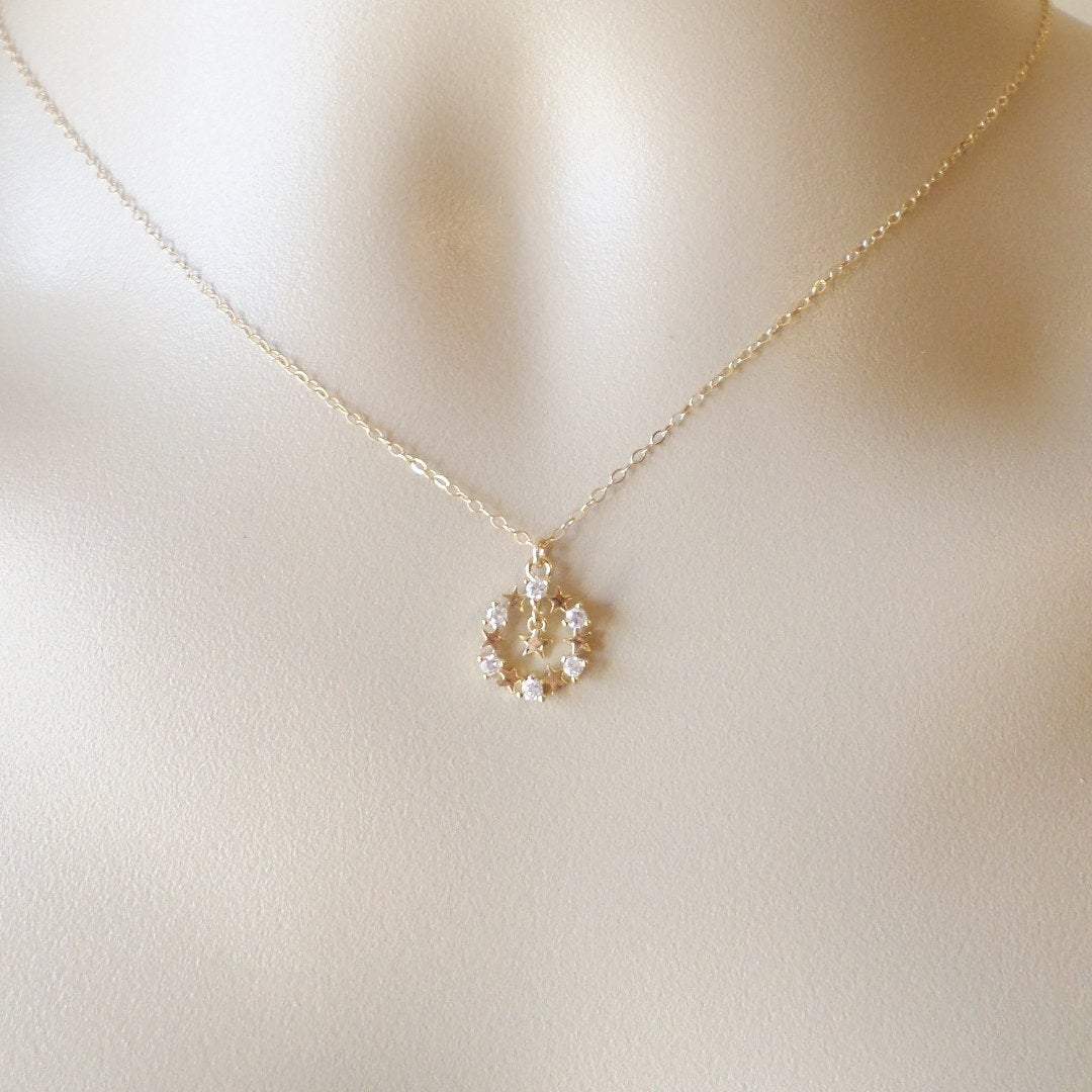 Gold Star and Cubic Necklace, Circle of Stars Necklace, Rhodium plated and Sterling Silver necklace - Valentines Day Gift