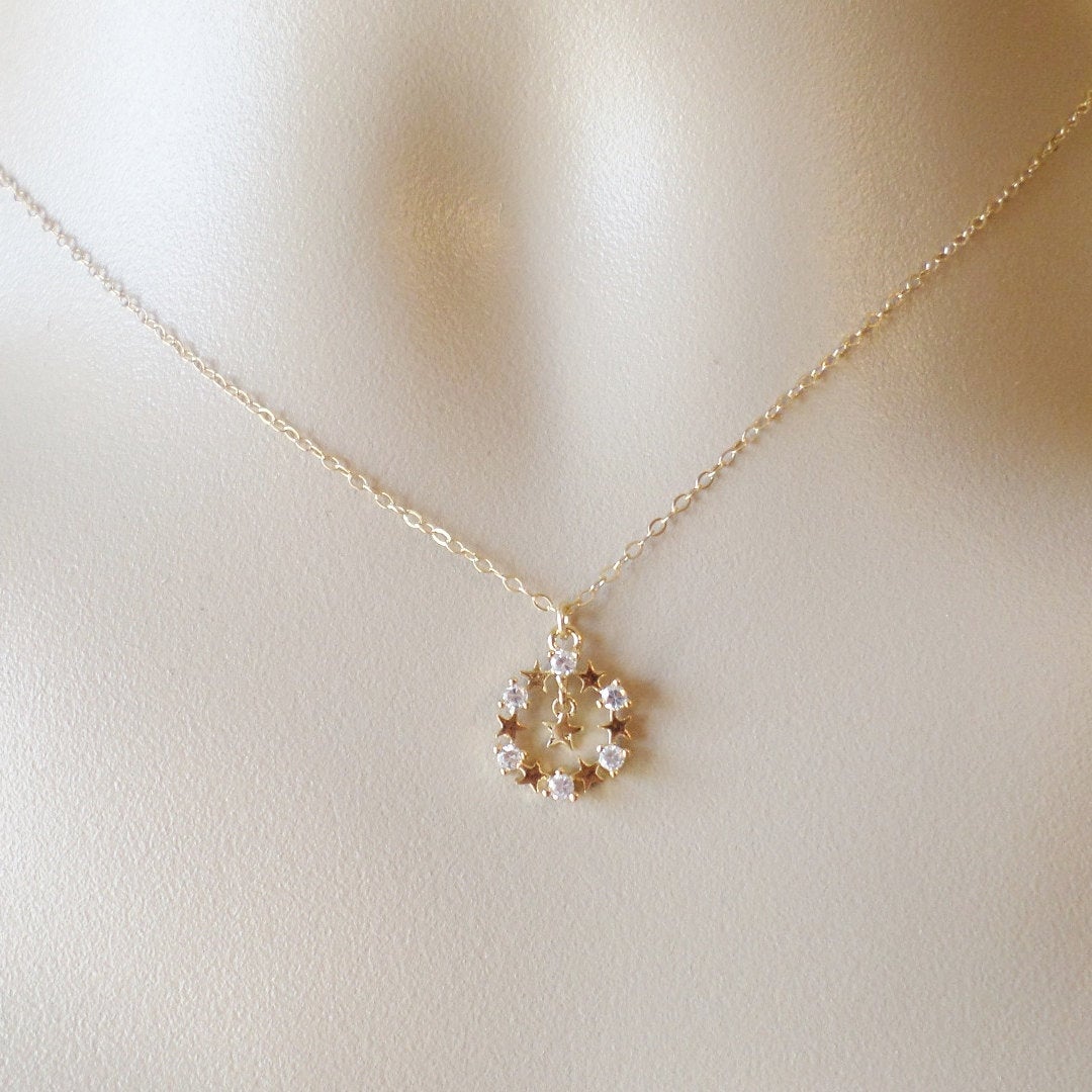 Gold Star and Cubic Necklace, Circle of Stars Necklace, Rhodium plated and Sterling Silver necklace - Valentines Day Gift