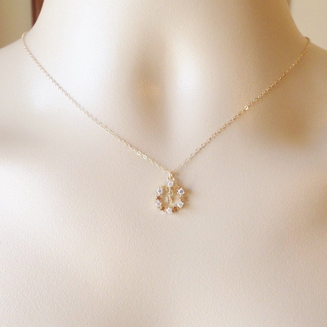 Gold Star and Cubic Necklace, Circle of Stars Necklace, Rhodium plated and Sterling Silver necklace - Valentines Day Gift