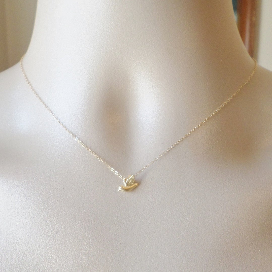 Bird Necklace - Gold Bird Necklace - Tiny Gold Bird Necklace, Gold Filled Necklace, Mod Bird Necklace, Valentines Day Gift