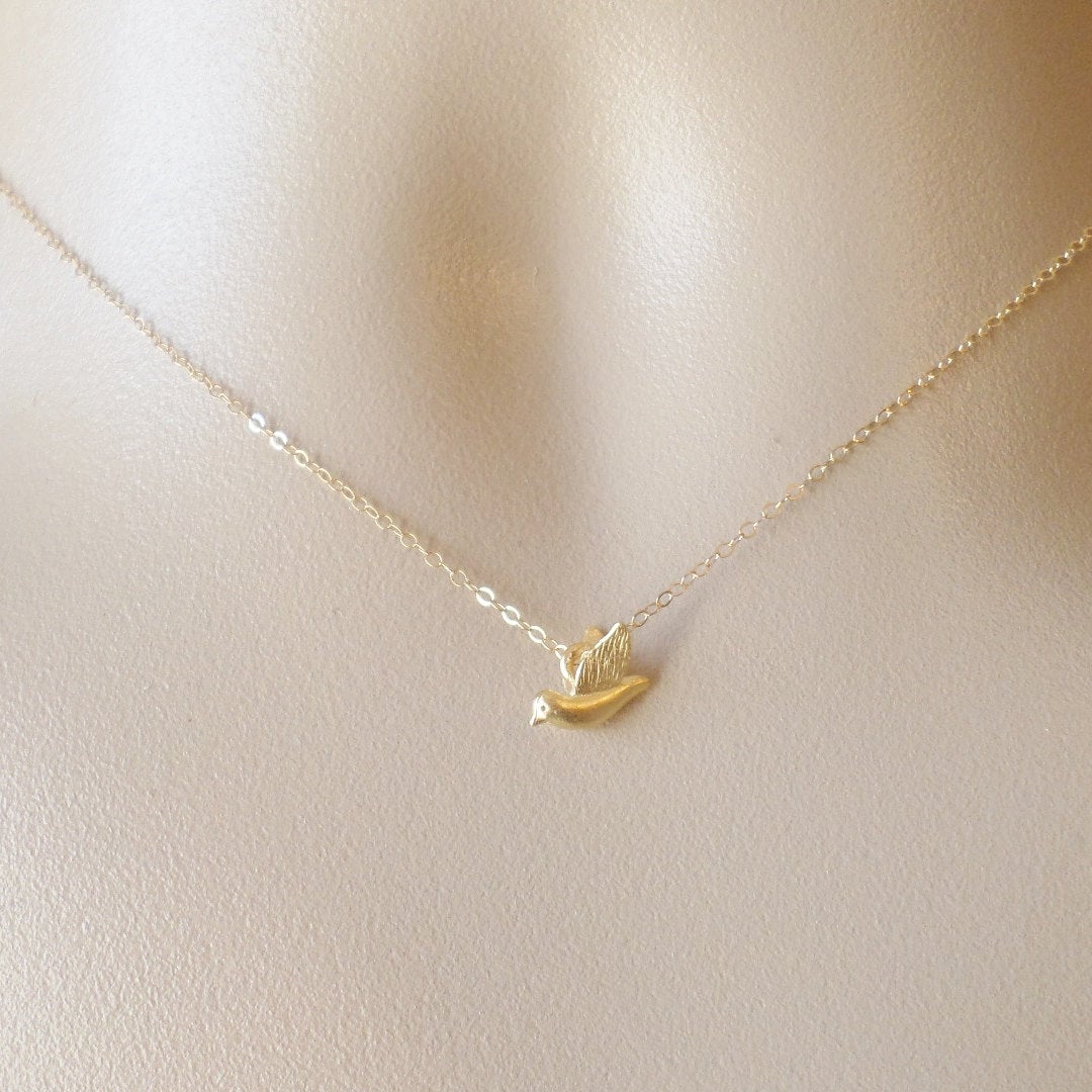 Bird Necklace - Gold Bird Necklace - Tiny Gold Bird Necklace, Gold Filled Necklace, Mod Bird Necklace, Valentines Day Gift