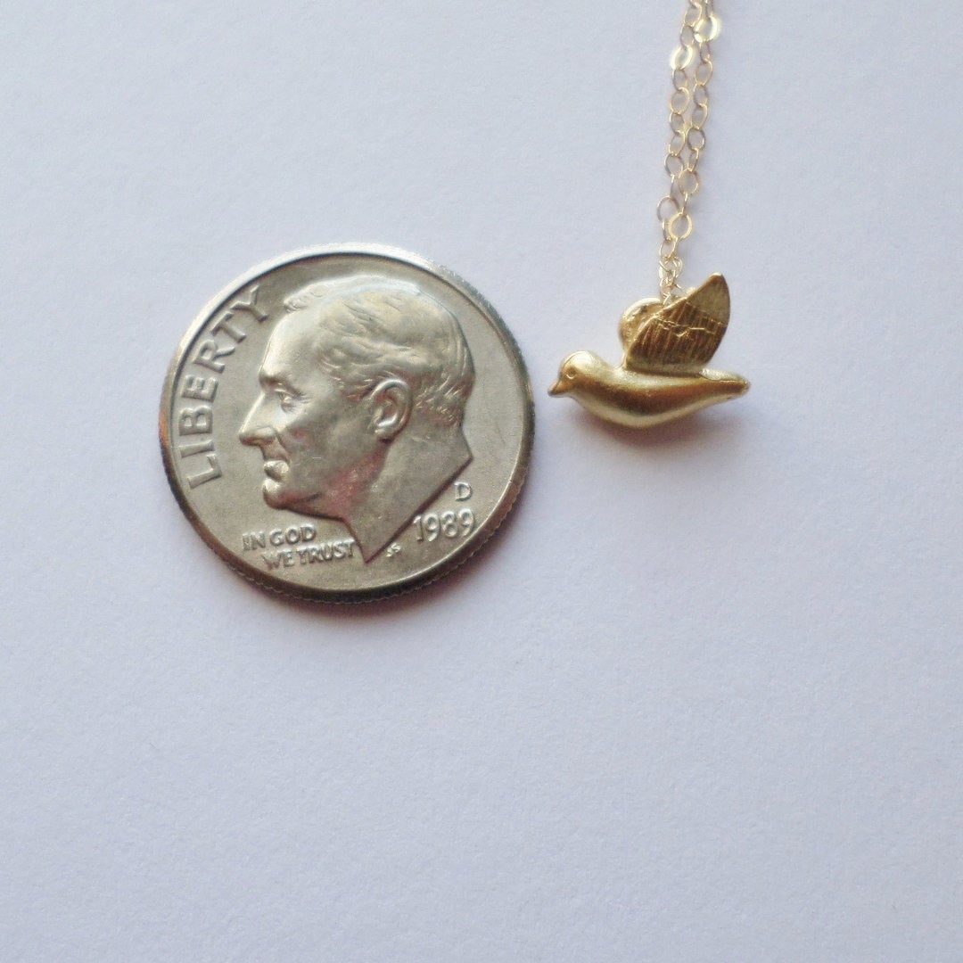 Bird Necklace - Gold Bird Necklace - Tiny Gold Bird Necklace, Gold Filled Necklace, Mod Bird Necklace, Valentines Day Gift