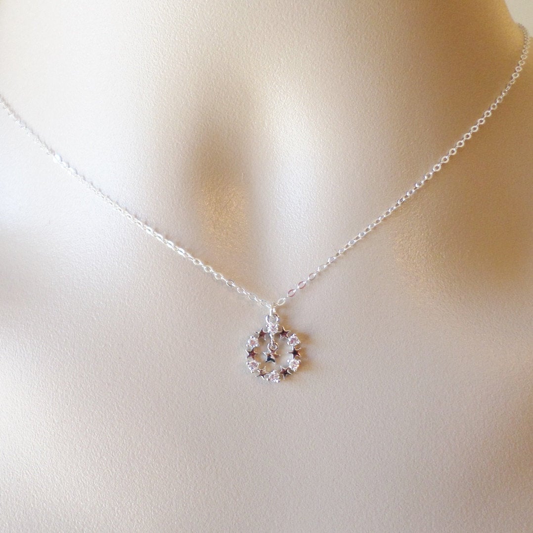 Silver Star and Cubic Necklace, Circle of Stars Necklace, Rhodium plated and Sterling Silver necklace - Valentines Day Gift