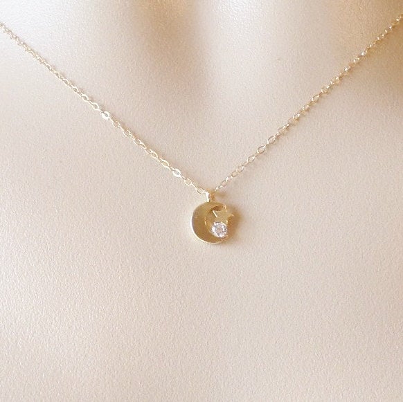 Gold Moon, Star and Cubic Necklace - Crescent Moon Necklace - Gold Filled Moon Necklace - Small Moon Necklace - Valentines Day