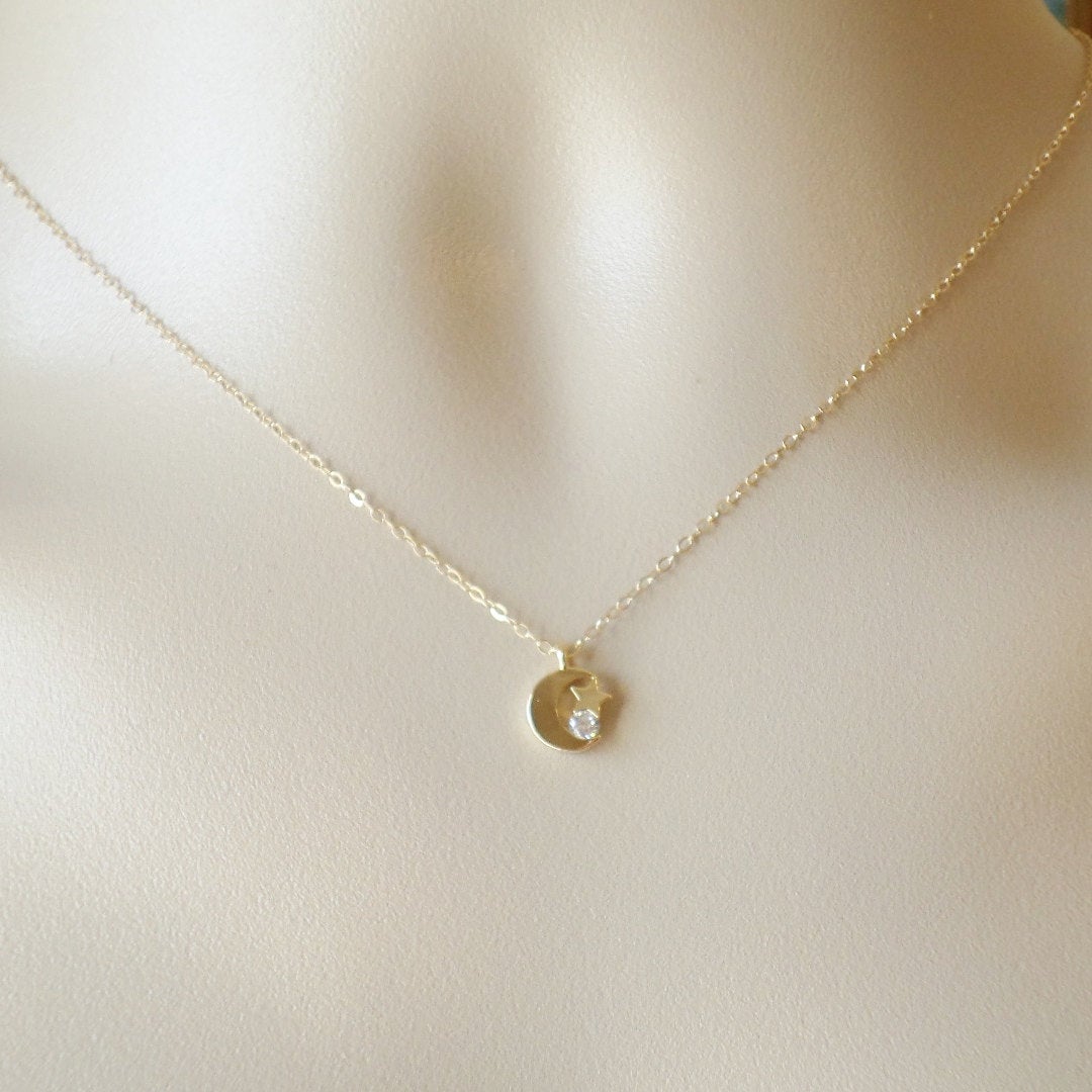 Gold Moon, Star and Cubic Necklace - Crescent Moon Necklace - Gold Filled Moon Necklace - Small Moon Necklace - Valentines Day