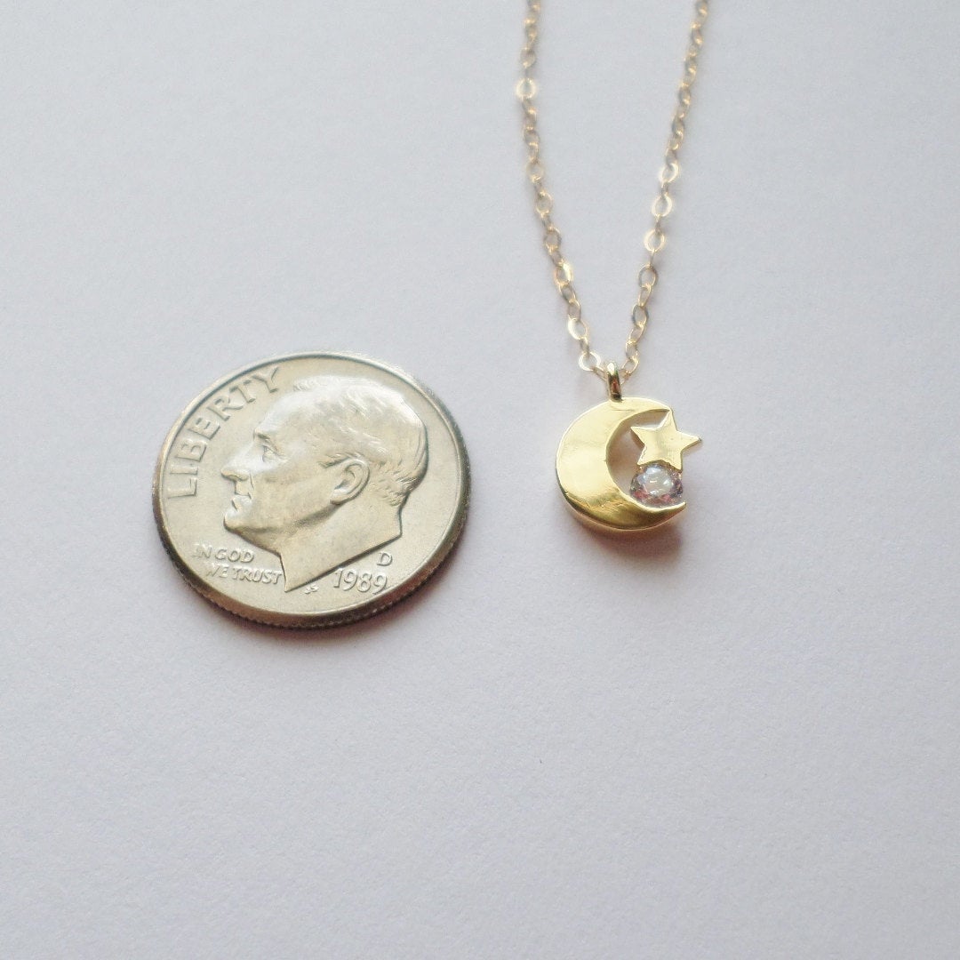 Gold Moon, Star and Cubic Necklace - Crescent Moon Necklace - Gold Filled Moon Necklace - Small Moon Necklace - Valentines Day