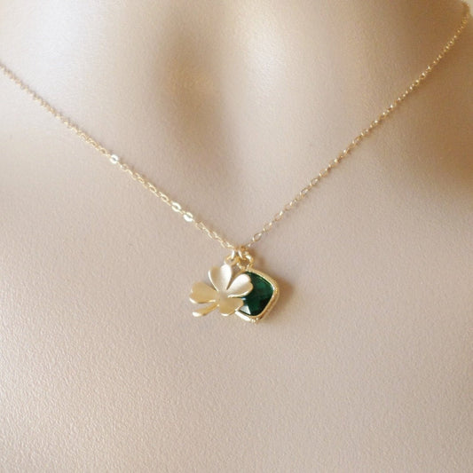 Gold Four Leaf Clover and Emerald Necklace - Clover Necklace - Gold Good Luck Necklace - Cluster Necklace - Valentines Day