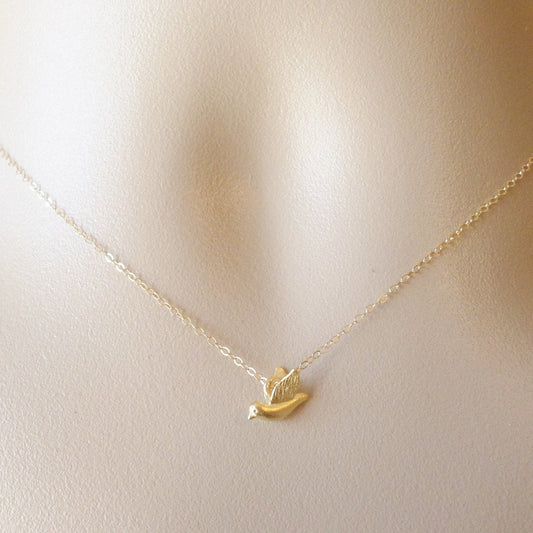 Bird Necklace - Gold Bird Necklace - Tiny Gold Bird Necklace, Gold Filled Necklace, Mod Bird Necklace, Valentines Day Gift