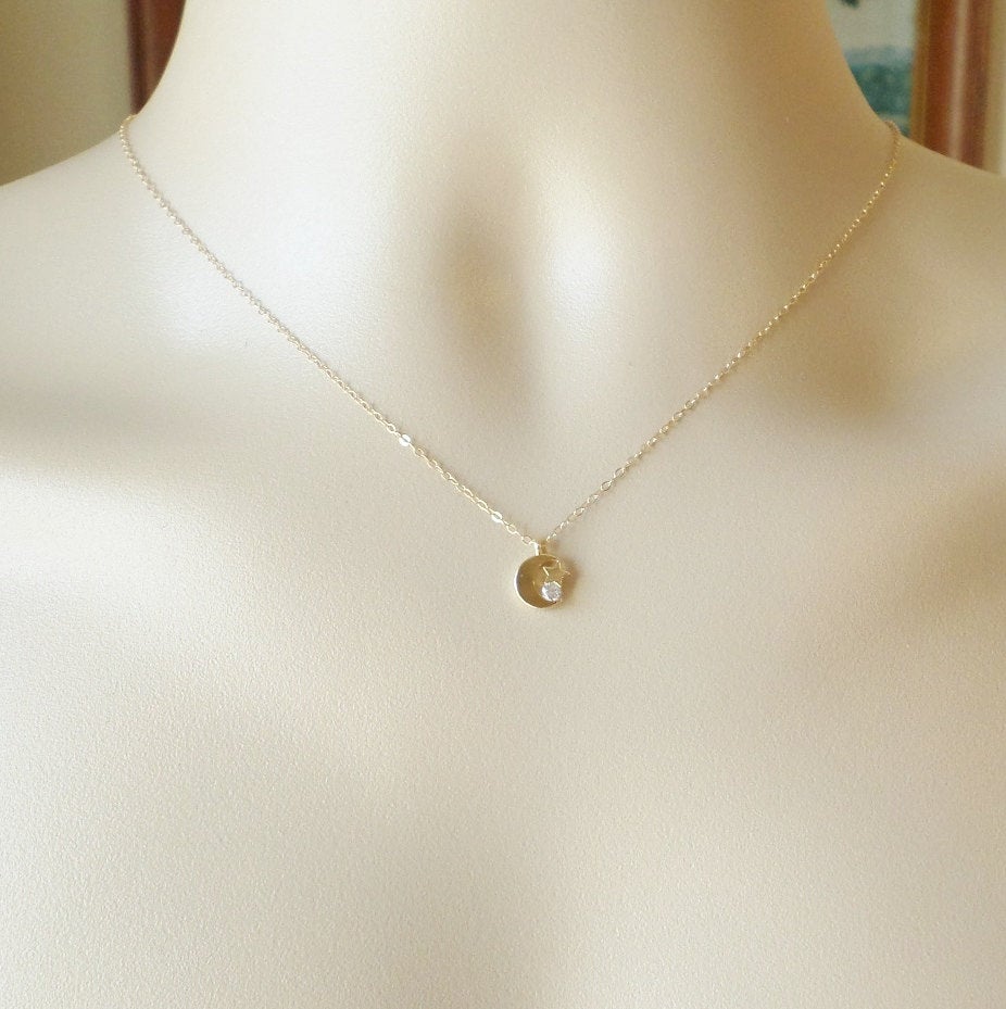 Gold Moon, Star and Cubic Necklace - Crescent Moon Necklace - Gold Filled Moon Necklace - Small Moon Necklace - Valentines Day