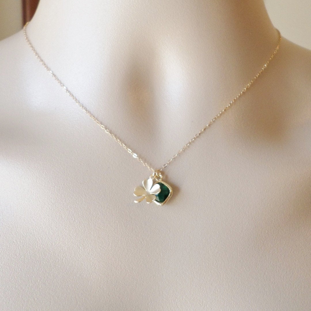 Gold Four Leaf Clover and Emerald Necklace - Clover Necklace - Gold Good Luck Necklace - Cluster Necklace - Valentines Day