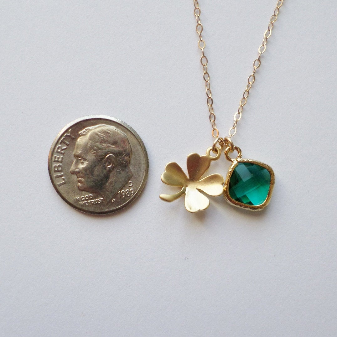 Gold Four Leaf Clover and Emerald Necklace - Clover Necklace - Gold Good Luck Necklace - Cluster Necklace - Valentines Day