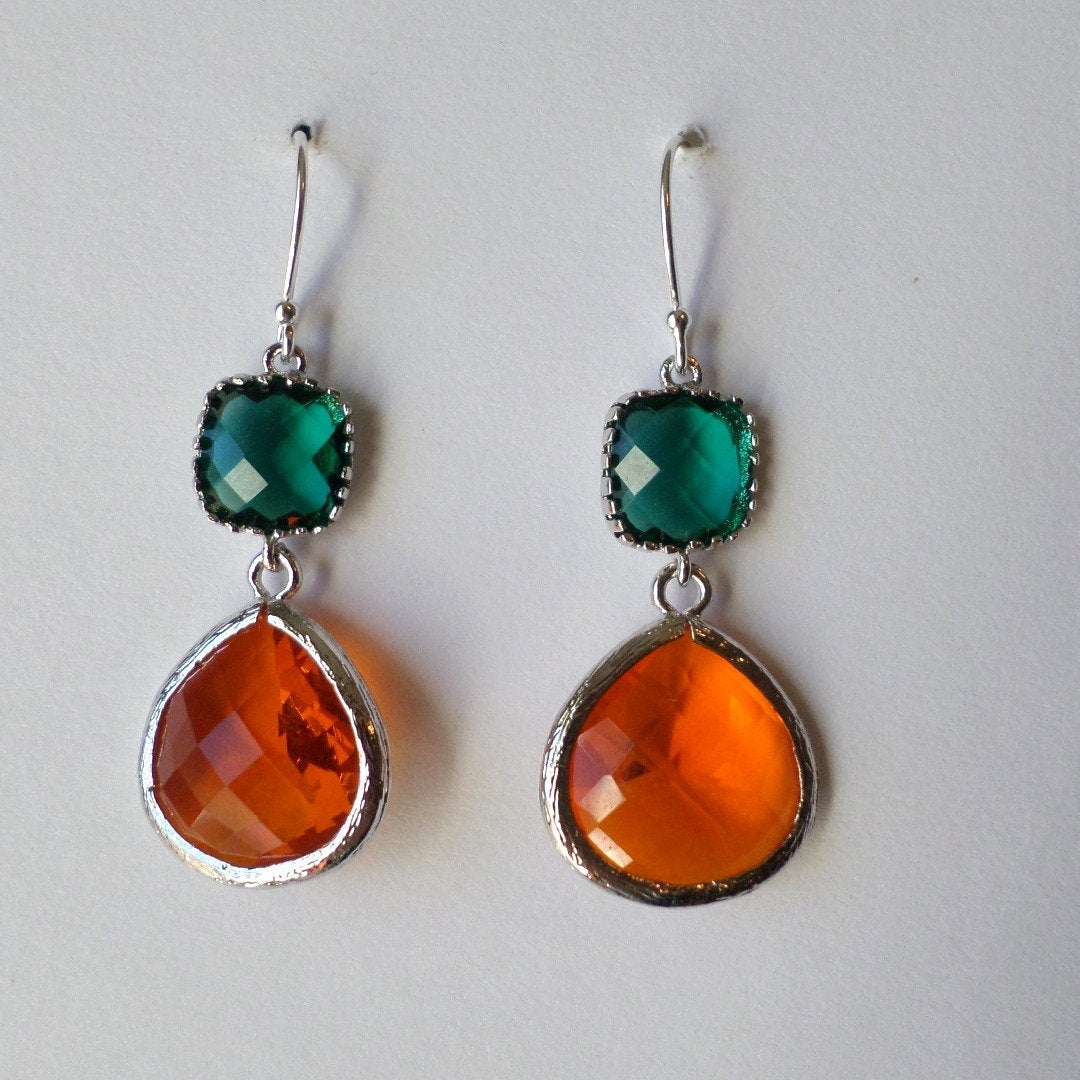 Emerald Earrings - Emerald and Orange Earrings - Silver Earrings - Birthstone Jewelry - Chandelier Earrings - Valentines Day