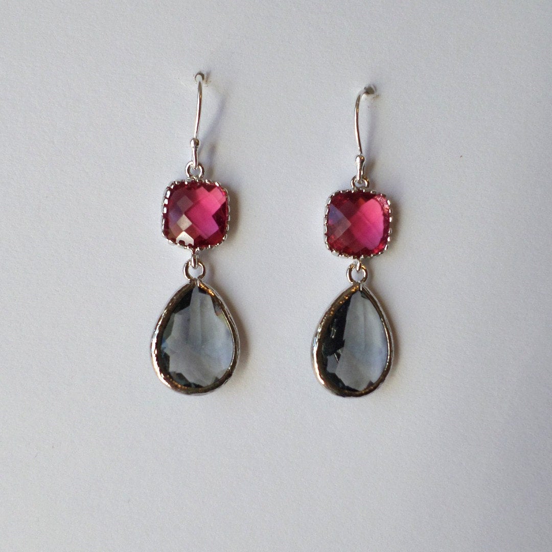 Ruby and Charcoal Earrings - Chandelier Earrings - Silver Earrings - Ruby Earrings - Grey Earrings - Valentines Day