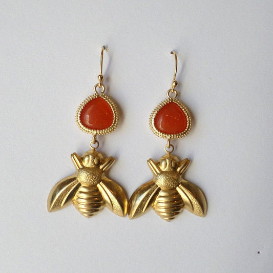 ONLY ONE AVAILABLE - Bee Earrings - Orange and Raw Brass Bee Chandelier Earrings - Valentines Day