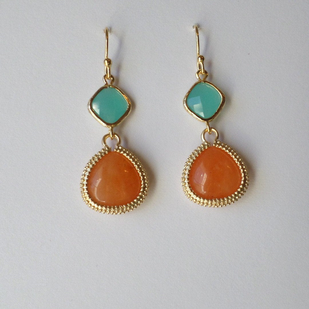 Carnelian and Mint Framed Glass Chandelier Earrings - Carnelian Earrings - Gold Earrings - Graduation Present - Valentines Day