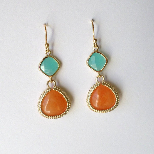 Carnelian and Mint Framed Glass Chandelier Earrings - Carnelian Earrings - Gold Earrings - Graduation Present - Valentines Day