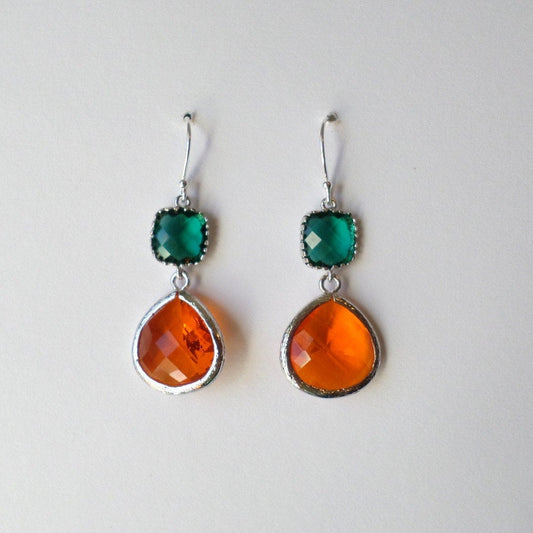 Emerald Earrings - Emerald and Orange Earrings - Silver Earrings - Birthstone Jewelry - Chandelier Earrings - Valentines Day