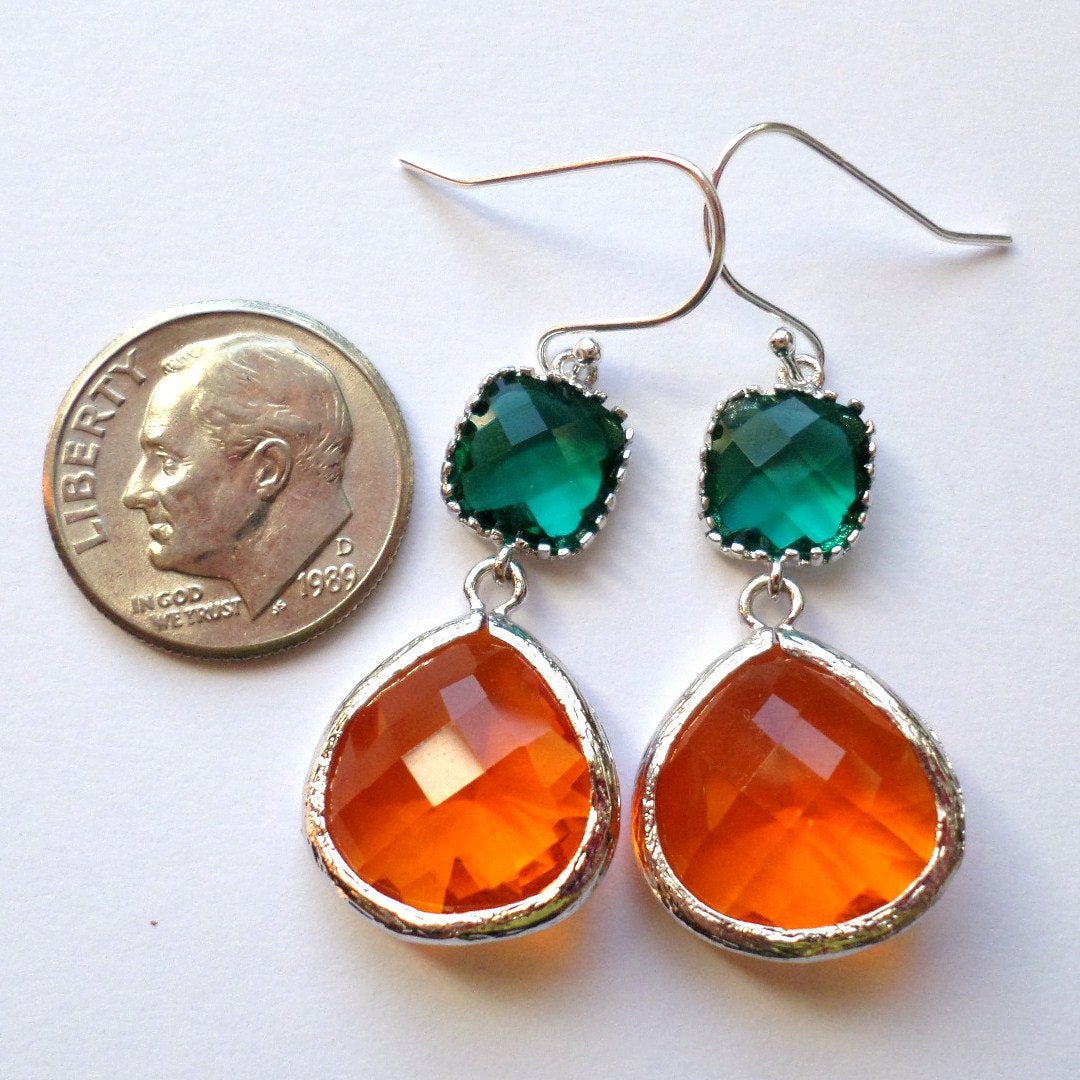 Emerald Earrings - Emerald and Orange Earrings - Silver Earrings - Birthstone Jewelry - Chandelier Earrings - Valentines Day