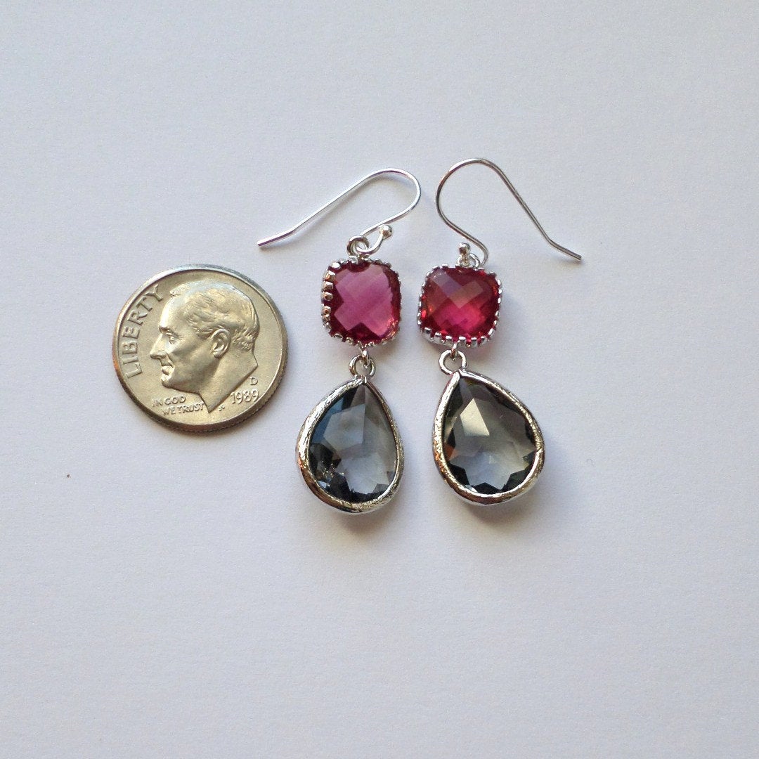 Ruby and Charcoal Earrings - Chandelier Earrings - Silver Earrings - Ruby Earrings - Grey Earrings - Valentines Day