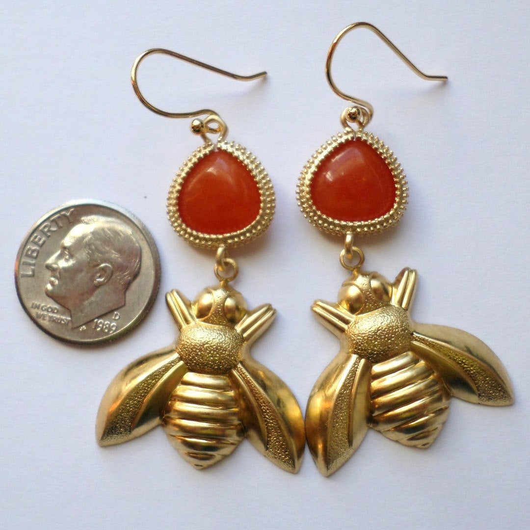 ONLY ONE AVAILABLE - Bee Earrings - Orange and Raw Brass Bee Chandelier Earrings - Valentines Day