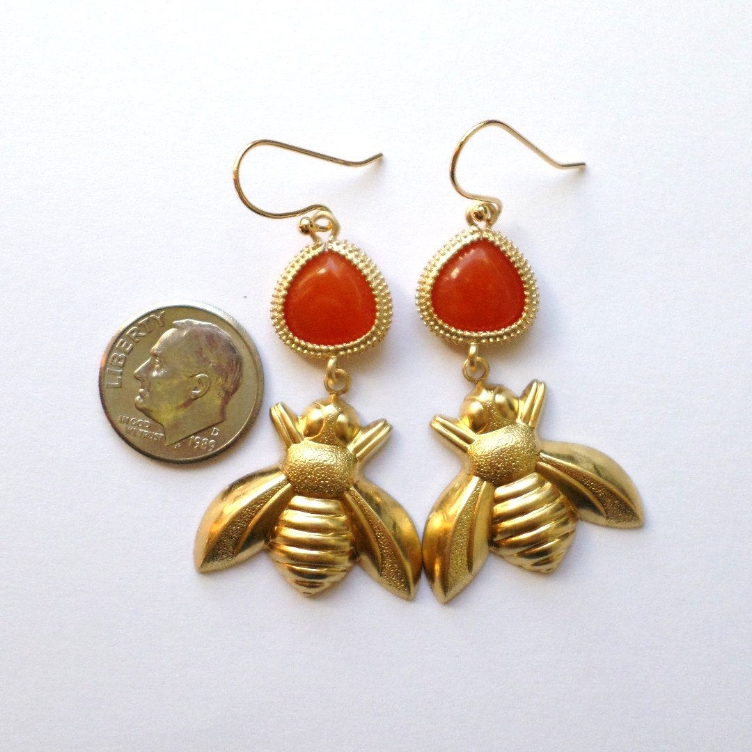 ONLY ONE AVAILABLE - Bee Earrings - Orange and Raw Brass Bee Chandelier Earrings - Valentines Day