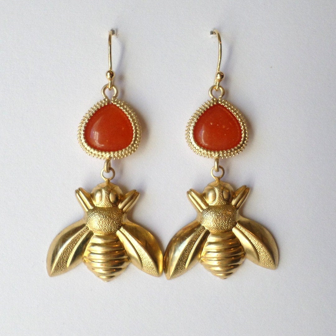 ONLY ONE AVAILABLE - Bee Earrings - Orange and Raw Brass Bee Chandelier Earrings - Valentines Day