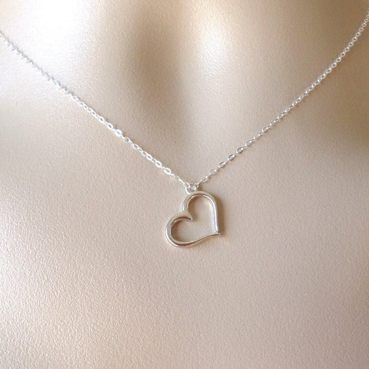 Heart Necklace - Silver Heart Necklace - Sterling Silver and Pewter Necklace - Heart Outline Necklace - Weddings - Bridesmaid Gifts