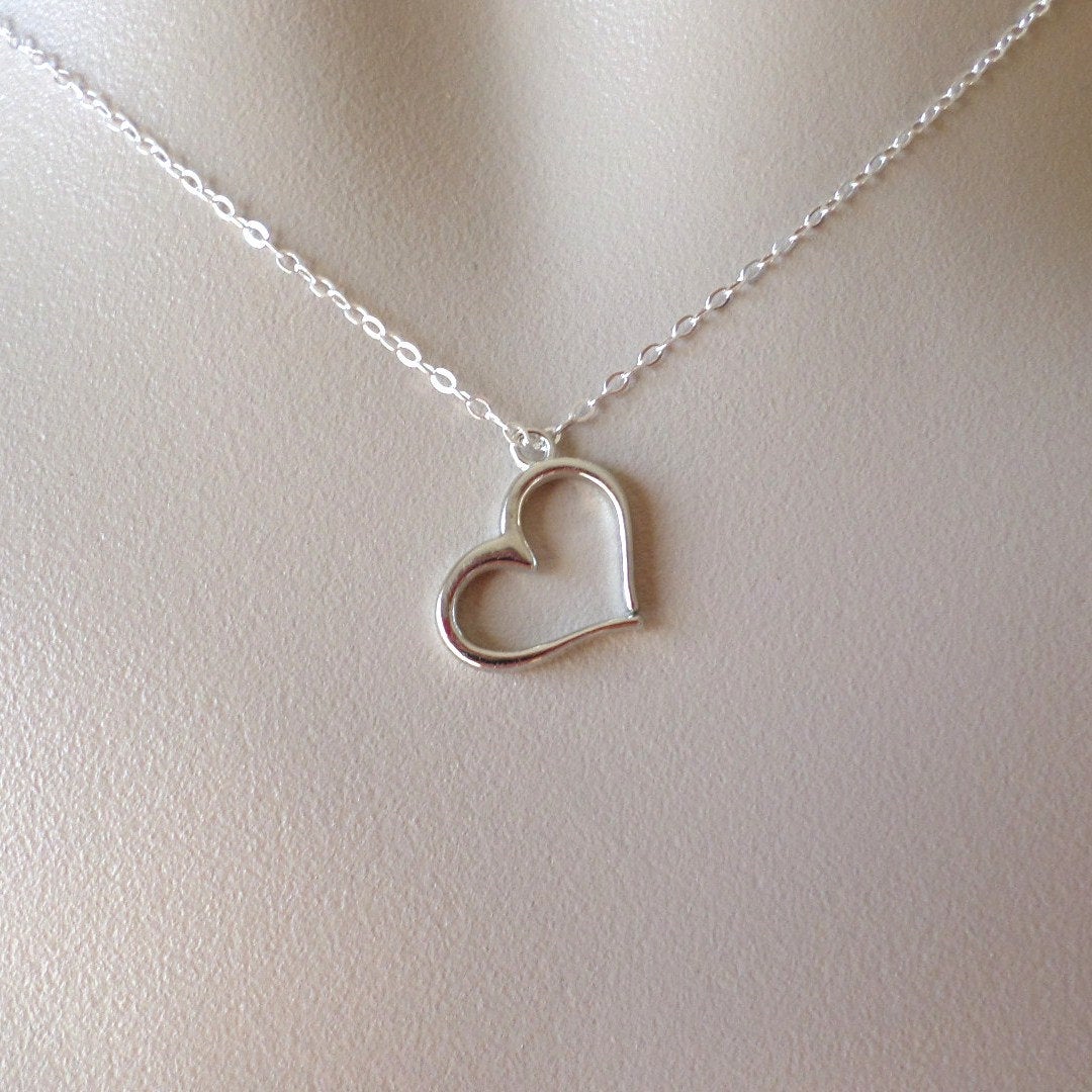 Heart Necklace - Silver Heart Necklace - Sterling Silver and Pewter Necklace - Heart Outline Necklace - Weddings - Bridesmaid Gifts