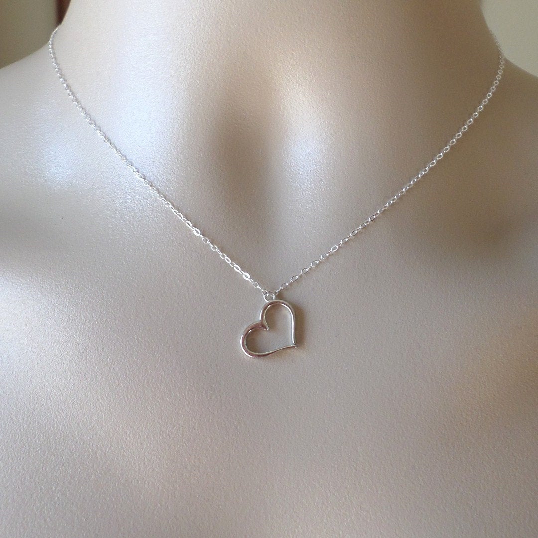 Heart Necklace - Silver Heart Necklace - Sterling Silver and Pewter Necklace - Heart Outline Necklace - Weddings - Bridesmaid Gifts